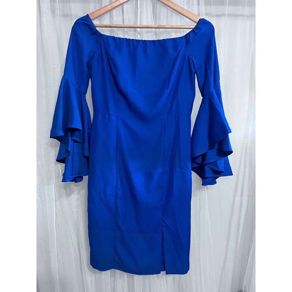 Venus Royal‎ Blue Off the Shoulder Tiered Bell Sleeve Sheath Dress Size 2
